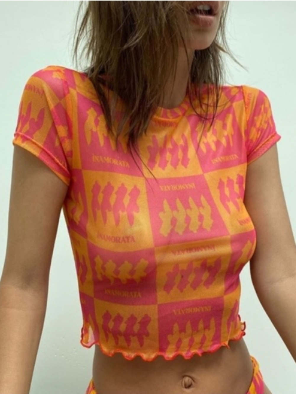 iNAMORATA Bambi Mesh Tee Pink & Orange Checker Ruffle Crop Top Size S